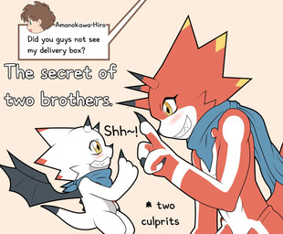 anthro blush brown_hair claws duo evolutionary_family grin group hair horn kerchief male neckerchief neckwear red_body scarf secret size_difference smile text trio white_body wings yellow_eyes tmdduq6918 bandai_namco digimon digimon_ghost_game hiro_amanokawa betelgammamon digimon_(species) gammamon human mammal scalie english_text hi_res