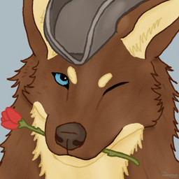 ambiguous_gender anthro blinking blue_background blue_eyes brown_body brown_fur clothing flower fluffy fur hat headgear headwear looking_at_viewer plant rose_(flower) simple_background smile smiling_at_viewer solo tan_body tan_fur tomaguinha mythology follen canid canine canis humanoid mammal mythological_canine mythological_creature werecanid werecanine werecreature werewolf wolf 1:1 2024 absurd_res digital_drawing_(artwork) digital_media_(artwork) headshot_portrait hi_res portrait signature