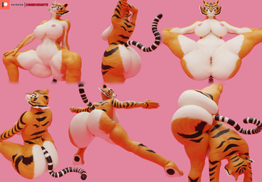 anthro big_butt black_body black_fur breasts butt female fur genitals hand_on_knee hand_on_leg hand_on_own_knee hand_on_own_leg looking_at_viewer looking_back markings multicolored_body multicolored_fur nipples nude nude_anthro nude_female orange_body orange_fur patreon_logo pink_background simple_background smile solo spread_legs spreading striped_body striped_fur striped_markings striped_tail stripes tail tail_markings vulva whiskers white_body white_fur camseven furromantic_(modeler) dreamworks kung_fu_panda patreon master_tigress felid mammal pantherine tiger 3d_(artwork) digital_media_(artwork) hi_res