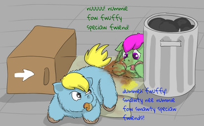 ambiguous_feral ambiguous_gender angry baby_talk bag blonde_hair blue_body blue_fur bodily_fluids box cardboard cardboard_box color_coded_text container dialogue duo feces feral food_in_mouth front_view fur genital_fluids green_body green_fur grey_eyes hair hooves looking_at_another looking_back looking_back_at_another mouth_hold open_mouth pink_eyes pink_hair pooping pooping_on_another pooping_on_face raised_tail shocked standing tail text trash_bag trash_can urine yellow_tail young young_ambiguous young_feral carpdime fluffy_pony fluffy_pony_(species) mammal digital_media_(artwork) english_text shaded