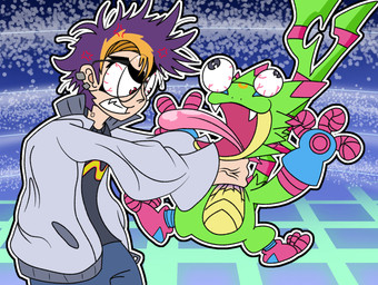 angry anthro cross-popping_vein duo eyewear glasses green_body hair humor male multicolored_hair strangling tongue tongue_out tinodude bandai_namco digimon digimon_beatbreak tomoro_tenma digimon_(species) gekkomon human mammal scalie