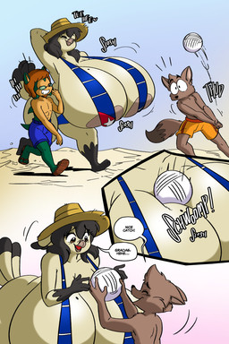 amber_eyes anthro areola areola_slip beach beak big_areola big_breasts big_butt black_hair black_tail_tip breasts brown_body brown_facial_hair brown_fur brown_goatee brown_hair butt clothing dialogue dipstick_tail eyewear facial_hair feathers female fur giggling glasses goatee green_body green_fur grey_beak grey_body grey_fur group hair hat headgear headwear huge_breasts hyper hyper_breasts male markings mole_(marking) mole_on_breast one-piece_swimsuit sand sling_bikini speech_bubble sport straw_hat swimming_trunks swimwear tail tail_feathers tail_markings tan_arms tan_chest tan_eyelids tan_mouth tan_neck tan_torso text trio volleyball wearing_glasses joaoppereiraus shadowwalk la_pavita_pechugona sega sonic_the_hedgehog_(series) fan_character pavita_pechugona steve-o avian bird canid canine eulipotyphlan fox galliform hedgehog mammal phasianid turkey 2:3 absurd_res colored comic digital_media_(artwork) english_text hi_res