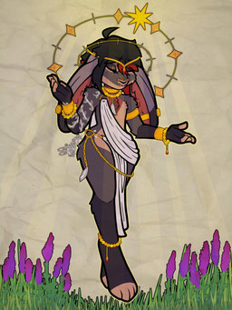 anthro black_body black_fur eyes_closed female floppy_ears flower freckles fur fur_markings grass hair halo holidays jewelry lop_ears markings outline piercing plant red_body red_fur simple_background solo tan_body tan_fur licibun easter styx_(licibun) deity demon lagomorph leporid mammal rabbit succubus 2026 3:4 hi_res nonbinary_(lore)