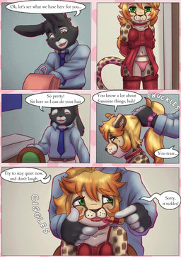 age_difference anthro blush clothing dialogue duo female lingerie lipstick looking_at_viewer makeup male male/female mature_male older_male size_difference smile text tongue tongue_out young young_female younger_female liryal savanna_(liryal) cheetah felid feline lagomorph leporid mammal rabbit absurd_res comic english_text hi_res