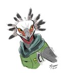 anthro avian_caruncle beak clothing fangs feather_hair feathered_crest feathers female green_clothing grey_body grey_feather_hair grey_feathers grey_skin head_crest kerchief looking_aside looking_away pseudo_hair red_neck shemagh simple_background solo teeth white_body white_skin yellow_eyes akilae06 halo_(series) microsoft xbox_game_studios vel_(akilae06) alien avian kig-yar scalie t'vaoan 4:5 colored colored_sketch hi_res sketch