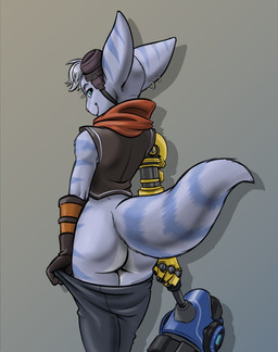anthro arm_markings biped blue_eyes blue_markings blue_stripes bottomwear bottomwear_down bottomwear_pull butt closed_smile clothed clothed_anthro clothed_female clothing clothing_pull countershade_butt countershading cybernetic_arm cybernetic_limb cybernetics ear_markings ear_piercing ear_ring eyebrows eyewear eyewear_on_head female female_anthro fingers fur fur_markings gloves goggles goggles_on_head grey_background grey_body grey_eyebrows grey_fur grey_hair hair hammer handwear hip_markings holding_hammer holding_maul holding_melee_weapon holding_object holding_tool holding_weapon leg_markings looking_at_viewer looking_back looking_back_at_viewer machine markings maul melee_weapon mouth_closed multicolored_body multicolored_fur pants pants_down pants_pull partially_clothed partially_clothed_anthro partially_clothed_female piercing pink_nose presenting presenting_hindquarters prosthetic prosthetic_arm prosthetic_limb pupils rear_view ring_(marking) ring_piercing ringed_tail scarf shadow short_hair simple_background smile smiling_at_viewer solo standing striped_markings striped_tail stripes tail tail_markings teasing teasing_viewer tools topwear weapon white_body white_countershading white_fur white_sclera black-kitten ratchet_and_clank sony_corporation sony_interactive_entertainment rivet_(ratchet_and_clank) cyborg lombax mammal 2020 hi_res portrait three-quarter_portrait