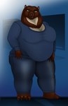 anthro belly big_belly big_breasts bottomwear breasts clothing denim denim_bottomwear denim_clothing female huge_breasts jeans jumper looking_at_viewer overweight overweight_anthro overweight_female pants smile smiling_at_viewer solo lovemummification abigail_merriwick bear mammal absurd_res hi_res