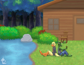 anthro cabin clothed clothing duo forest forest_background male male/male nature nature_background outside plant simple_background smile tail tree water ustak_nella anatid anseriform arthropod avian bird butterfly duck insect lepidopteran digital_media_(artwork) hi_res