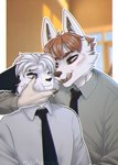 anthro blush clothing duo fur hair male male/male necktie school shirt tongue topwear university max_fresnel canid canine canis felid feline mammal wolf