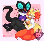 anthro black_body blue_eyes breasts duo female genitals heart_symbol heterochromia male male/female masturbation orange_eyes penis yellow_body yellow_eyes lewdchuu_(artist) nintendo pokemon braixen generation_6_pokemon noivern pokemon_(species) hi_res