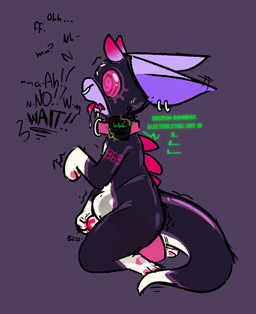 abdominal_bulge anthro back_spines bdsm big_ears biped bodily_fluids bodysuit bondage bound buzzing chastity_bulge chastity_device clothing collar collar_ring dialogue dildo double_ear_ring drone dronesuit drooling ear_piercing ear_ring electrostimulation facial_piercing gimp_mask gimp_suit gloves hand_on_crotch handwear horn hypno_swirls hypnotic_visor imminent_electrocution imminent_electrostimulation imminent_orgasm latex latex_clothing latex_skinsuit magenta_tongue male mask nose_piercing nose_ring null_bulge numbered_tag open_mouth orgasm_denial panicking paw_gloves pawpads penetration piercing purple_body purple_skin resisting_orgasm restraints riding_dildo ring_piercing saliva sex_toy shock_collar skinsuit solo sparks spiral spiral_eyes tail tapered_dildo tapering_tail tentacle_dildo text tight_clothing tongue tongue_out tremble_lines vibrator x-ray_view hypnosnack anomaly_(hypnosnack) alien digital_media_(artwork) english_text