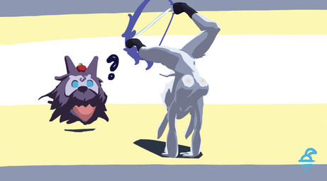 anthro apple archer bow_(weapon) breasts duo female food foot_archery fruit handstand hooves male male/female maskless plant pose question_mark ranged_weapon weapon strawbdragon league_of_legends riot_games tencent kindred_(lol) lamb_(lol) wolf_(lol) bovid canid canine canis caprine mammal sheep wolf absurd_res hi_res