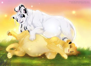 4_toes bangs belly big_belly black_eyebrows black_hair black_markings blonde_hair blue_eyes both_pregnant brown_pawpads cheek_markings cheek_tuft claws closed_smile cloud duo evening eyebrows facial_markings facial_tuft fangs featureless_crotch feet female female_feral feral fetal_movement foot_on_belly fur grass hair head_markings huge_belly hyper hyper_belly hyper_pregnancy inner_ear_fluff lidded_eyes light long_hair long_tail lying lying_on_ground markings mouth_closed multicolored_body multicolored_fur multicolored_hair multiple_pregnancies on_ground on_side open_mouth open_smile outside pawpads paws pink_hair_tie pink_inner_ear_fluff pink_nose pink_sky pink_tongue plant ponytail pregnant pregnant_female pregnant_feral quadruped relaxing sky smile smiling_at_another sparkles standing tail tail_tuft teeth text toes tongue tuft two_tone_hair white_claws white_hair white_tail white_tail_tuft yellow_body yellow_claws yellow_fur yellow_tail black_kitty leovictor evana kari_(dukacia) felid lion mammal pantherine 2011 artist_collaboration artist_name colored digital_drawing_(artwork) digital_media_(artwork) english_description english_text lighting shaded