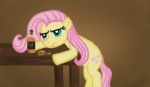 alcohol beverage bottle brown_background container cutie_mark female feral fur furniture hair pink_hair quadruped side_view simple_background solo table tail teal_eyes yellow_body yellow_fur mollieminteh friendship_is_magic hasbro jack_daniel's my_little_pony fluttershy_(mlp) equid equine horse mammal pony