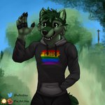 anthro clothing hoodie lgbt_pride male multicolored_clothing multicolored_hoodie multicolored_topwear pride_color_clothing pride_color_hoodie pride_color_topwear pride_colors print_clothing rainbow_pride_colors six-stripe_rainbow_pride_colors solo topwear paulmuttbishop robocheezits canid canine canis hybrid mammal wolf 1:1 half-length_portrait hi_res portrait