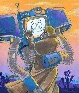 ambiguous_gender armor blue_body cactus cathode_ray_tube desert duo duster_coat headgear helmet hug machine metallic_body ncr_ranger_(fallout) new_california_republic new_vegas not_furry outside plant screen screen_face sunset text hun9rybug fallout microsoft the_courier_(fallout) yes_man_(fallout) human mammal robot securitron_(fallout) artist_name english_description english_text hi_res