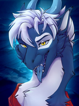 ambiguous_gender blue_body blue_fur blue_horn blue_tongue feral fur horn looking_at_viewer solo teeth tongue tongue_out white_body white_fur yellow_eyes enda_myx mythology dragon furred_dragon furred_scalie mythological_creature mythological_scalie scalie 3:4 hi_res