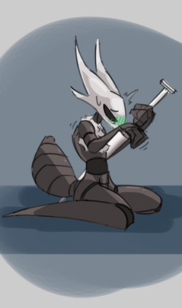 anthro arthropod_abdomen black_body black_eyes blush bodily_fluids green_blush grey_background kneeling male nail_(weapon) no_pupils shaking simple_background solo sweat sweatdrop trembling white_mask hallowed_knight_34 hollow_knight_(franchise) team_cherry bandit_(hallowed_knight_34) arthropod vessel_(species) absurd_res hi_res