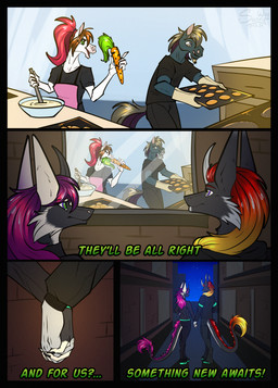anthro bye carrot city cooking equi equis_universe farewell female food happy male night plant smile tail text transformation vegetable walking sunny_way steven_saidon sunny_way_(character) equid equine horse ki'rinaes mammal 2026 comic english_text hi_res one_page_comic