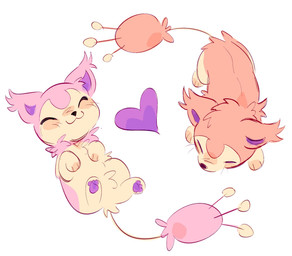 :3 ambiguous_gender countershade_fur countershading duo ear_tuft eyes_closed feral fluffy fur heart_symbol high-angle_view lying on_back pawpads paws pink_body pink_fur purple_pawpads quadruped simple_background standing tail tuft white_background izzy-paw nintendo pokemon felid feline generation_3_pokemon mammal pokemon_(species) shiny_pokemon skitty digital_drawing_(artwork) digital_media_(artwork) hi_res shaded
