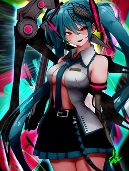abstract_background accessory ambiguous_gender antennae_(anatomy) bare_shoulders belt black_bottomwear black_clothing black_sclera black_skirt blue_hair blush blush_lines bottomwear breasts carrying_another clothed clothing cosplay duo female female_focus feral glowing glowing_eyes hair hair_between_eyes heterochromia human_focus long_hair looking_at_viewer mechanical_arm medium_breasts multi_limb navel necktie not_furry_focus on_head open_clothing open_mouth open_shirt open_smile open_topwear pleated_skirt red_eyes sharp_teeth shirt skirt sleeveless_shirt smile smiling_at_viewer solo_focus teeth topwear twintails_(hairstyle) wire hylran vocaloid yamaha_corporation calne_ca hatsune_miku nato-kun arthropod crustacean human isopod malacostracan mammal 3:4 color_contrast digital_drawing_(artwork) digital_media_(artwork) hi_res watermark