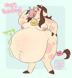 anthro bell bell_collar belly belly_overhang big_belly blush bow_accessory collar digestion digestion_noises eating female group huge_belly hyper hyper_belly larger_female multiple_prey navel nude size_difference solo sound_effects squirming thick_thighs vore pinkmoomilk vore_day bovid bovine domestic_pig mammal suid suine sus_(pig) absurd_res hi_res