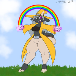anthro big_butt butt cloak clothing dark_body dark_fur female female_anthro fur grey_body grey_fur grey_hair hair hat headgear headwear huge_butt hyper hyper_butt magic magic_user pink_energy rainbow smile witch yellow_cloak yellow_clothing yellow_hat yellow_headwear dirtymac bovid caprine goat mammal 1:1 absurd_res hi_res