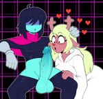 2022 absurd_res anthro balls big_balls big_penis blonde_hair blue_body blue_skin clothed clothing deer deltarune duo female genitals hair heart_symbol hi_res huge_balls huge_penis human human_on_anthro interspecies kris_(deltarune) male male/female mammal mehdrawings new_world_deer noelle_holiday penis reindeer undertale_(series)