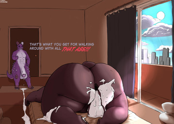 abs after_anal after_anal_penetration after_orgasm after_sex anthro anus ass_up balls bed big_butt bodily_fluids butt city cum cum_from_ass cum_in_ass cum_inside cum_on_balls cum_on_butt cum_trail detailed_background dialogue duo excessive_cum excessive_genital_fluids furniture gaping gaping_anus genital_fluids genitals hand_on_hip larger_sub leaking_cum male male/male on_bed overweight overweight_bottom overweight_male overweight_sub penis size_difference submissive text thick_thighs window lazy_dogg0 bear lizard mammal reptile scalie absurd_res english_text hi_res