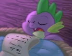 1trick 2016 bed bedding blanket dragon eyes_closed fangs friendship_is_magic furniture hasbro high-angle_view list lying male my_little_pony mythological_creature mythological_scalie mythology on_back on_bed open_mouth paper physical_list purple_body purple_skin scalie sleeping solo spike_(mlp) task_list teeth toony under_covers
