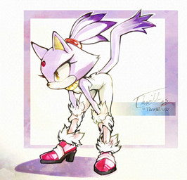 anthro bent_over clothed clothing eyelashes female footwear fur hands_on_knees hands_on_legs holding_both_knees holding_both_legs light_body light_fur purple_body purple_ears purple_fur purple_tail tail white_body white_clothing yellow_eyes thwillartz sega sonic_the_hedgehog_(series) blaze_the_cat domestic_cat felid feline felis mammal 2025 hi_res signature