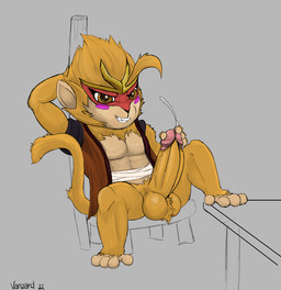 4_toes anthro balls blush bodily_fluids feet fur genital_fluids genitals humanoid_genitalia humanoid_penis male penis precum simple_background solo toes yellow_body yellow_fur conditional_dnp vanzard gunfire_reborn xing_zhe_(gunfire_reborn) haplorhine mammal monkey primate hi_res