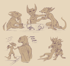 anthro claws clothing coin container cup dialogue drunk duo featureless_chest female flat_chested genitals group horn humor male nude simple_background substance_intoxication tail text vulva flamespitter citrus_(flamespitter) keani kobold lizard reptile scalie english_text hi_res monochrome sepia