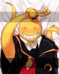 academic_dress bed blush bodily_fluids furniture male necktie pose solo square_academic_cap sweat doggae93 assassination_classroom koro-sensei alien cephalopod coleoid marine mollusk octopodiform