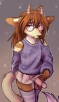 anthro bottomwear clothed clothing crossdressing erection eyewear femboy genitals glasses humanoid_genitalia legwear male penis raised_bottomwear raised_clothing raised_skirt skirt solo stockings sweater topwear lonerdemiurge the_crown_of_leaves ferka sahash absurd_res hi_res