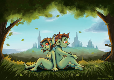 back_to_back bicycle breasts butt detailed_background duo ears_up feet female flaccid forest genitals grass green_body green_skin male male/female medium_breasts nipples nude outside penis plant pointy_ears red_eyes sad sitting sitting_on_ground sky skyline tree vehicle greenbuncafe goblin humanoid mammal absurd_res colored digital_drawing_(artwork) digital_media_(artwork) hi_res shaded signature