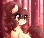 brown_eyes brown_hair detailed_background dock_(anatomy) eyelashes female feral forest hair long_hair open_mouth open_smile plant ponytail smile solo tail tree fluffymaiden hasbro my_little_pony colette_laitier_(oc) fan_character earth_pony equid equine horse mammal pony 2016 absurd_res hi_res