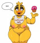 anthro apron beak bedroom_eyes belly big_breasts breasts clothing curvy_figure deep_navel featureless_crotch female food lipstick machine makeup narrowed_eyes navel nipples non-mammal_breasts non-mammal_nipples overweight overweight_anthro overweight_female purple_eyes seductive simple_background solo text thick_thighs voluptuous wide_hips yellow_body acstlu five_nights_at_freddy's scottgames chica_(fnaf) cupcake_(fnaf) animatronic avian bird chicken galliform gallus_(genus) phasianid robot 2019 digital_media_(artwork) hi_res