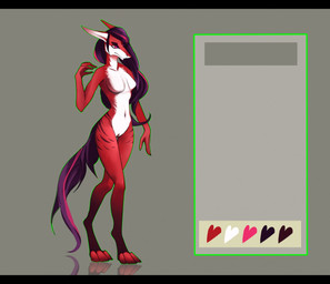 anthro black_border border breasts brown_background color_swatch countershading featureless_breasts female genitals hair humanoid_hands long_hair nude red_body simple_background solo standing tail vulva white_body white_countershading white_ears akrolayn sergal 2015 digital_media_(artwork) full-length_portrait model_sheet portrait unavailable_at_source