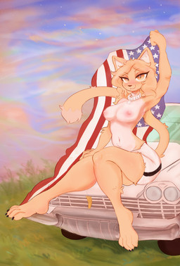 1970s_clothing 1970s_theme 4_fingers 4_toes accessory anthro areola arm_tuft athletic beach bedroom_eyes belly big_breasts big_butt big_nipples biped black_claws blonde_hair blush bottomwear breasts butt car car_hood car_hood_pose cheek_tuft claws clothing curly_hair driver elbow_tuft eyebrows eyelashes facial_tuft feet female female_anthro field fingers flag flag_(object) fluffy fluffy_hair fluffy_tail foot_focus fur grass hair holidays jewelry leather leather_bottomwear leather_clothing leather_panties leather_topwear leather_underwear long_hair looking_at_viewer machine morning narrowed_eyes nipple_outline nipples orange_eyes panties patriotism paws pink_areola plant politics presenting raised_arm retro retro_car seductive shorts sitting sky solo tail thick_eyebrows thick_thighs toes topwear tuft underwear united_states_of_america vehicle white_car white_clothing white_panties white_underwear yellow_body greengirdle 4th_of_july microsoft plymouth plymouth_fury prequel_adventure the_elder_scrolls rajirra felid khajiit mammal absurd_res hi_res