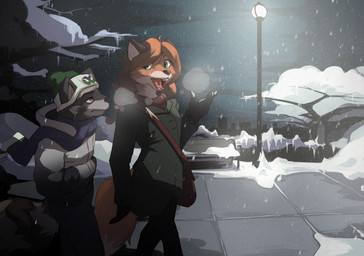 anthro bench duo male night park park_bench snow snowing walking winter winter_coat chalk_outline canid canine fox mammal procyonid raccoon hi_res