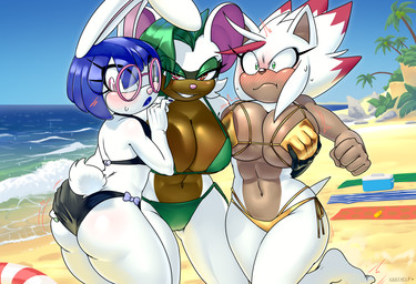 anthro anthro_on_anthro barefoot beach big_breasts blue_hair blush breast_grab breasts brown_body brown_fur butt butt_grab eyewear feet female female/female fur glasses green_eyes green_hair group hair hand_on_breast hand_on_butt huge_breasts looking_at_viewer multicolored_body multicolored_fur outside pink_eyes red_eyes smile smiling_at_viewer soles trio two_tone_body two_tone_fur water white_body white_fur krazyelf sega sonic_the_hedgehog_(series) fan_character eulipotyphlan hedgehog herpestid lagomorph leporid mammal mongoose rabbit 2026 hi_res