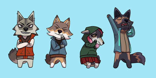 alternate_species anthro bent_arm bent_legs biped black_body black_clothing black_eyebrows black_eyes black_fur black_nose black_sclera black_shirt black_tail black_topwear blue_background blue_clothing blue_eyes blue_hoodie blue_topwear bottomless bottomless_anthro bottomless_male bottomwear brown_body brown_clothing brown_eyes brown_fur brown_shirt brown_topwear cheek_tuft closed_smile clothed clothed_anthro clothed_female clothed_male clothing crossed_arms ear_piercing ear_ring eyebrows facial_tuft featureless_crotch featureless_limbs female female_anthro flat_chested fluffy fluffy_tail front_view fully_clothed fully_clothed_anthro fully_clothed_female fur furrification green_clothing green_hoodie green_topwear grey_body grey_fur grey_tail group hair head_tilt hoodie jacket larger_anthro larger_female larger_male light long_tail looking_at_viewer male male_anthro mouth_closed multicolored_body multicolored_fur multicolored_tail open_clothing open_jacket open_mouth open_topwear orange_eyes piercing pink_hair pockets pointy_ears raised_arm red_bottomwear red_clothing red_jacket red_skirt red_topwear ring_piercing sharp_teeth shirt shy simple_background size_difference skirt smaller_anthro smaller_female smile smiling_at_viewer tail teeth thin_eyebrows toothy_smile topwear tuft white_body white_fur white_sclera yawn yellow_eyes lunareel animal_crossing dead_by_daylight nintendo frank_morrison joey_cadogan julie_kostenko susie_lavoie the_legion_(dead_by_daylight) canid canine canis mammal northwestern_wolf red_wolf wolf 2019 cel_shading colored crossover digital_drawing_(artwork) digital_media_(artwork) english_description lighting shaded