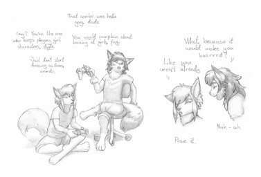adolescent adolescent_on_adolescent anthro bottomwear chair clothed clothing controller crossed_legs dialogue duo electronics feet fingers fur furniture game_controller gaming hair half-closed_eyes holding_controller holding_game_controller holding_object male male/male narrowed_eyes open_mouth playing_video_game shirt shorts simple_background sitting smile tail text toes topwear young young_anthro young_male meowmere canid canine domestic_cat felid feline felis fox mammal english_text hi_res monochrome