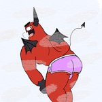 back_muscles bottomwear butt clothing demon demon_(rat_snacks) fog hands_on_knees hands_on_legs horn hotpants humanoid looking_at_viewer looking_back male mars_zero membrane_(anatomy) membranous_wings muscular muscular_male musk musk_clouds rat_snacks shorts shower solo spade_tail tail teasing teasing_viewer wings