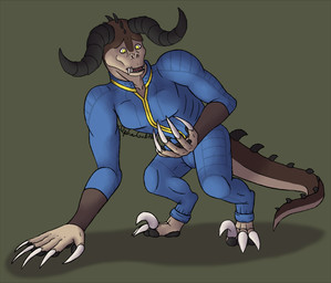 after_transformation claws confusion sickle_claw simple_background solo surprised tail toe_claws transformation vault_suit alphagodith fallout microsoft deathclaw monster scalie