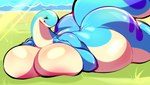 anthro areola beach belly belly_squish big_breasts big_butt big_tail biped blue_body blue_markings blue_skin breast_squish breasts butt female glistening glistening_body grass hand_on_breast huge_breasts huge_butt lying markings multicolored_body multicolored_skin nude nude_beach on_front on_grass outdoor_nudity outside overweight overweight_anthro overweight_female plant sand seaside solo squish tail tan_body tan_skin thick_tail thick_thighs three-quarter_view water b33rka palworld pocketpair pal_(species) relaxaurus 2024 hi_res