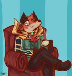 anthro chair clothed clothing container cup eyebrows eyes_closed footwear fur furniture male multicolored_body multicolored_fur on_chair orange_body orange_fur shoes sitting sitting_on_chair smile solo pinumontbalou kemo_coliseum lambert_(kemo_coliseum) canid canine canis fox mammal hi_res