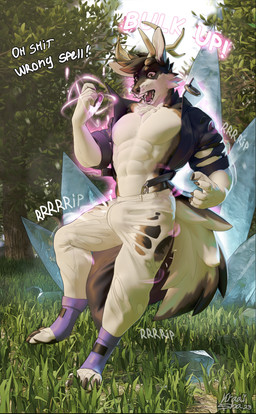 abs anthro antlers belly bottomwear bulge chest_tuft claws clothed clothing coat dialogue digitigrade expansion forest fur genital_expansion glowing grass growth horn magic magic_user male markings muscle_growth muscular muscular_male outside pants partially_clothed penis_expansion plant solo surprised teeth topwear torn_bottomwear torn_clothing torn_pants tree tuft white_belly kraaisha kyzermutt canid canine deer hybrid mammal absurd_res hi_res