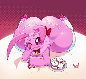3_fingers 3_toes antennae_(anatomy) anthro arm_support ass_up bell_bow big_butt big_eyes body_writing butt clothing cookie crumbs_on_face feet femboy fingers food freckled_face freckles frosting_on_butt fur holidays huge_butt huge_hips huge_thighs leaning_on_elbow legwear lying male mostly_nude noseless on_front pink_body pink_fur pink_sclera shortstack simple_background solo stockings text thick_thighs toeless_legwear toeless_stockings toes wide_hips writing_on_butt nedoiko christmas w.b_(ceehaz) arthropod insect lepidopteran moth 2025 english_text hi_res signature